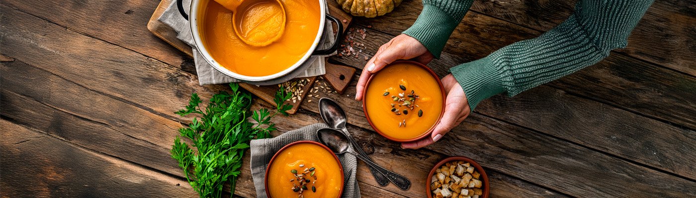 Hands holding a bowl of squash soup